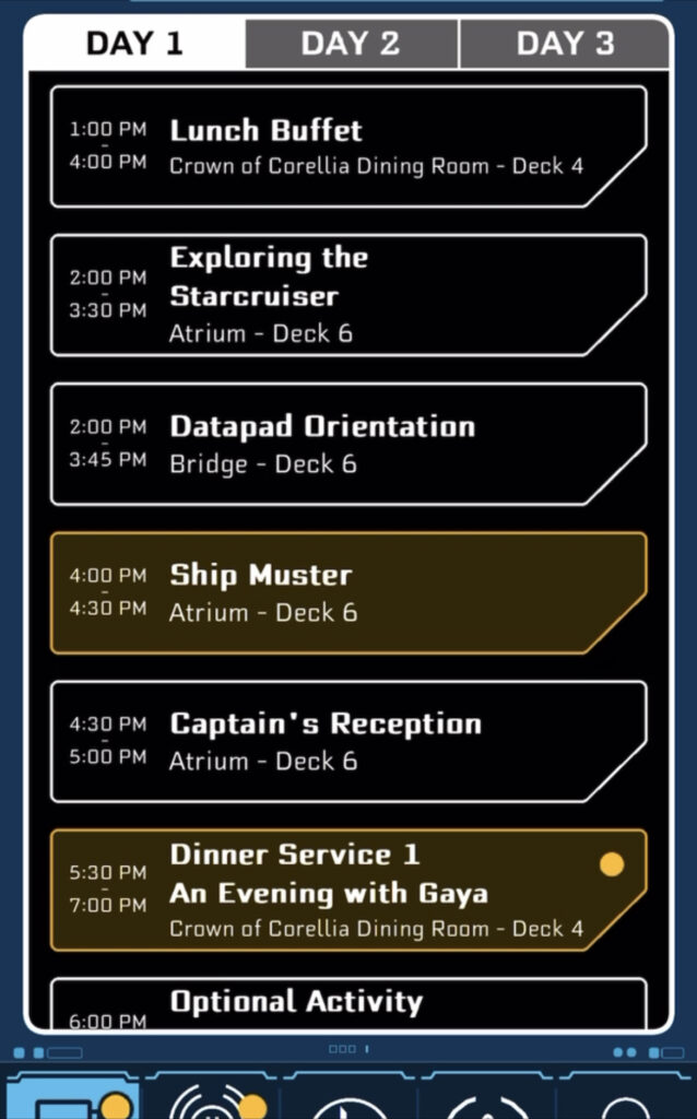Starcruiser Data Pad Sample Schedule