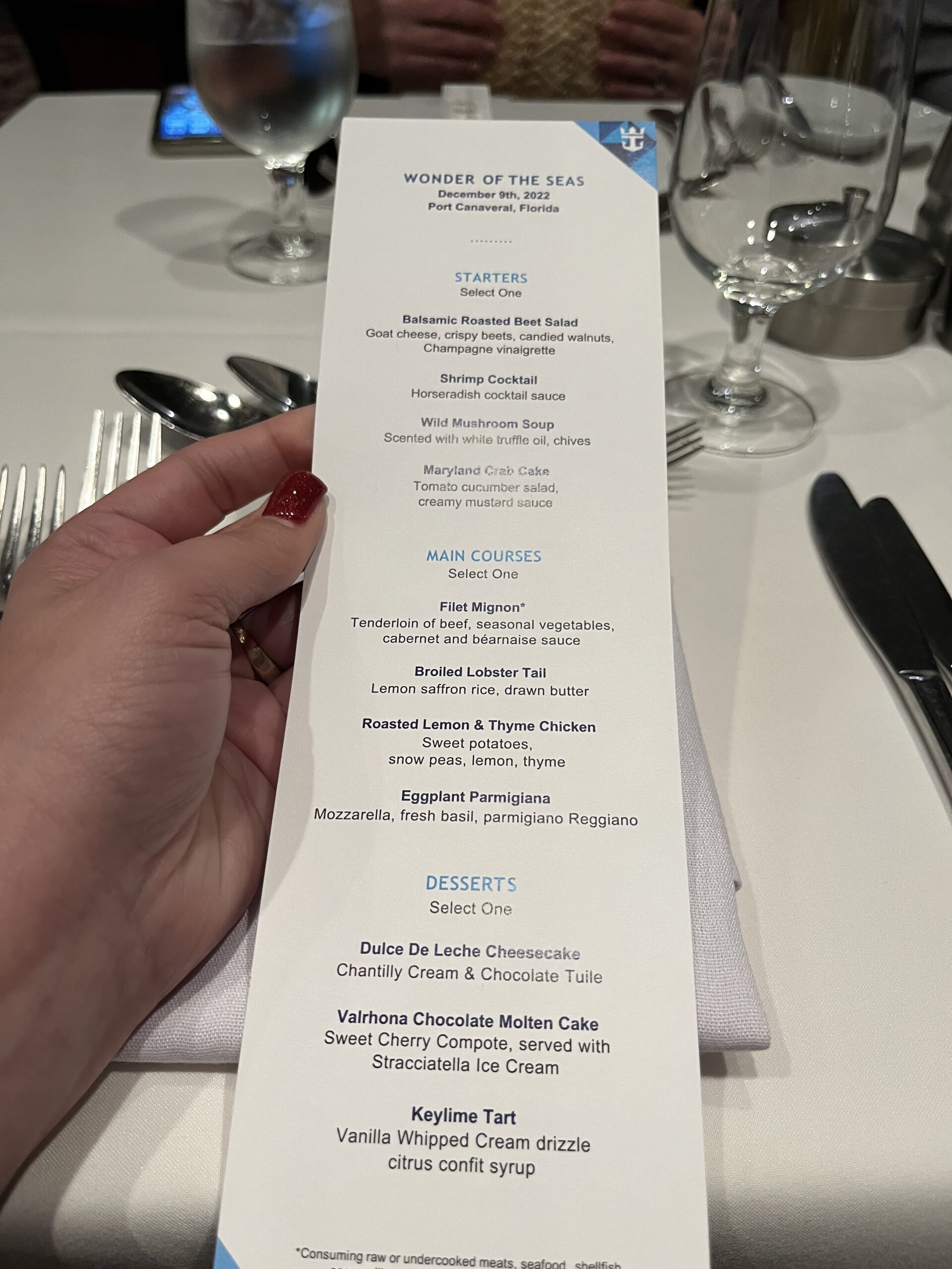 Wonder of the Seas Dining Main Dining Sample Menu